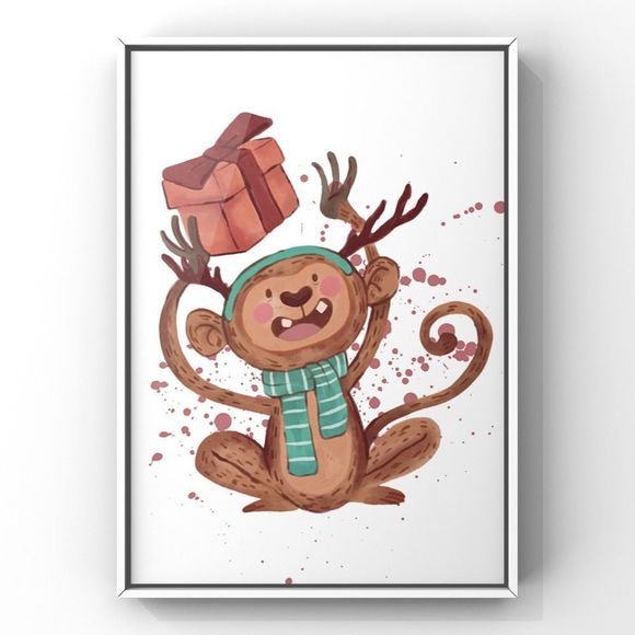 Christmas Animal Wall Art Winter Holiday Monkey with gift  home decor art Print - Picture 4 of 4
